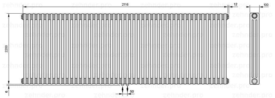 Схема (чертеж) Радиатор Zehnder Charleston 3220/46 №3470 Белый глянцевый RAL 9016